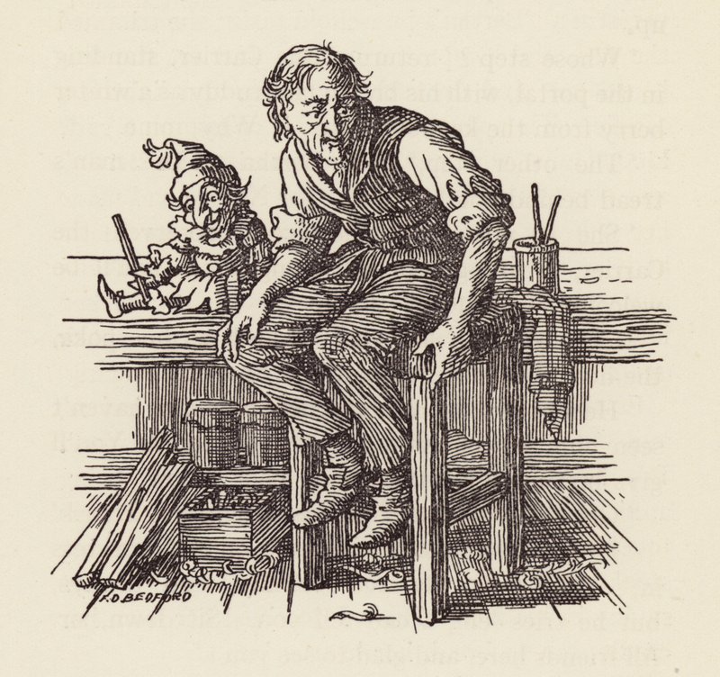 Ilustrace k románu Cvrček na krbu od Charlese Dickense (barevná litografie) od Francis Donkin Bedford