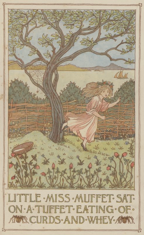 Slečna Muffet sedí na tácku a jí tvaroh a syrovátku (barevná litografie) od Francis Donkin Bedford