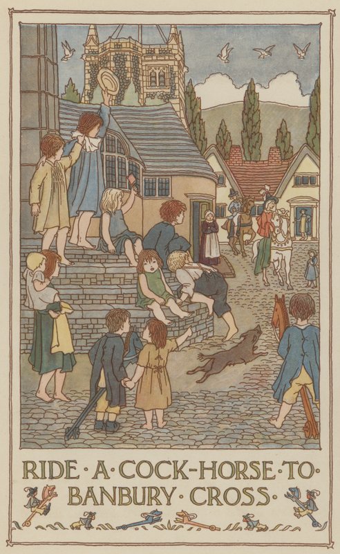 Jízda na kohoutím koni na Banbury Cross (barevná litografie) od Francis Donkin Bedford