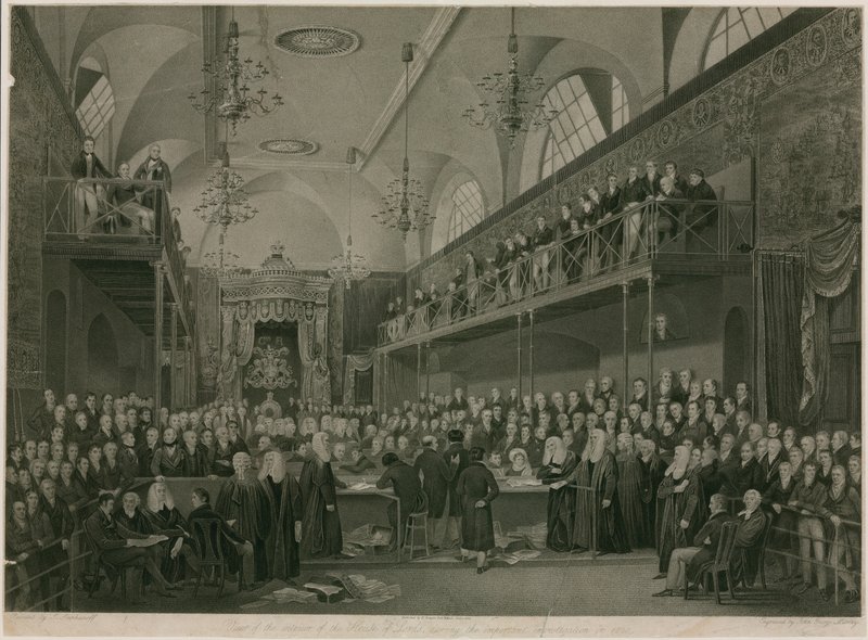 Pohled do interiéru Sněmovny lordů během důležitého vyšetřování v roce 1820 (rytina) od Francis Phillip (after) Stephanoff