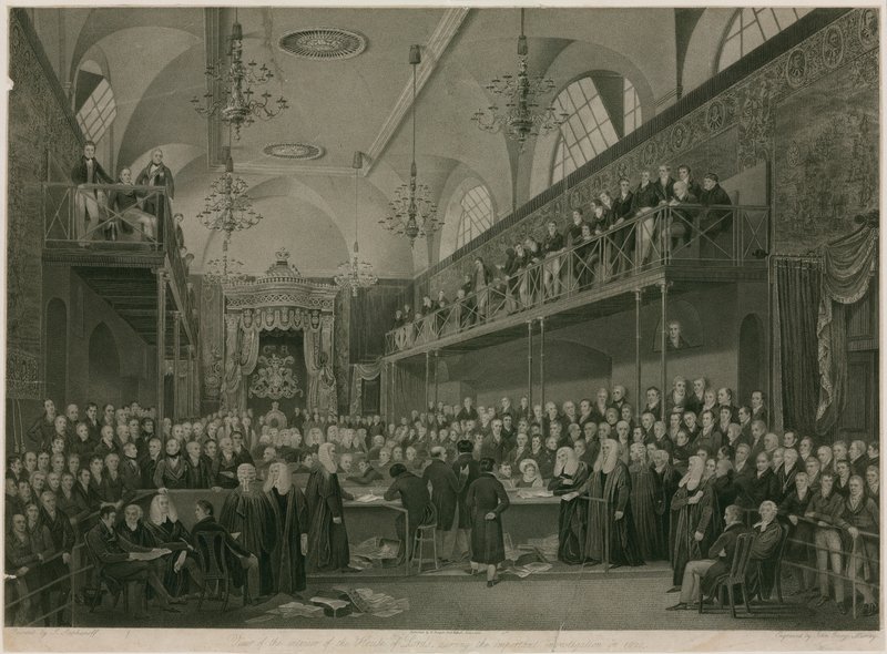 Interiér Sněmovny lordů, Westminster, Londýn, během důležitého vyšetřování v roce 1820 od Francis Phillip Stephanoff