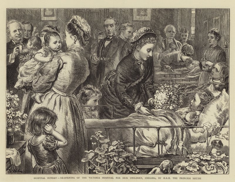 Neděle nemocnice, znovuotevření nemocnice pro nemocné děti ve Victorii, Chelsea, výsostnou výsostností princezny Louise od Francis Wilfred Lawson