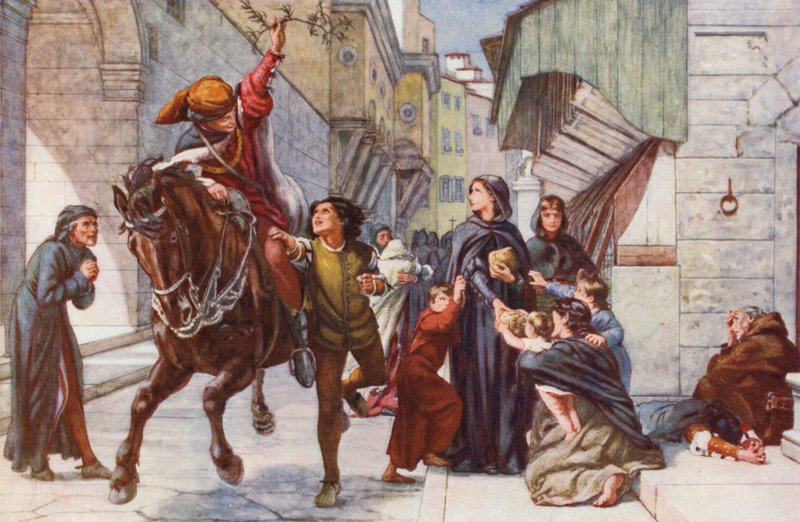 Zprávy o úlevě ve Florencii (barevná litografie) od Francis William (after) Topham