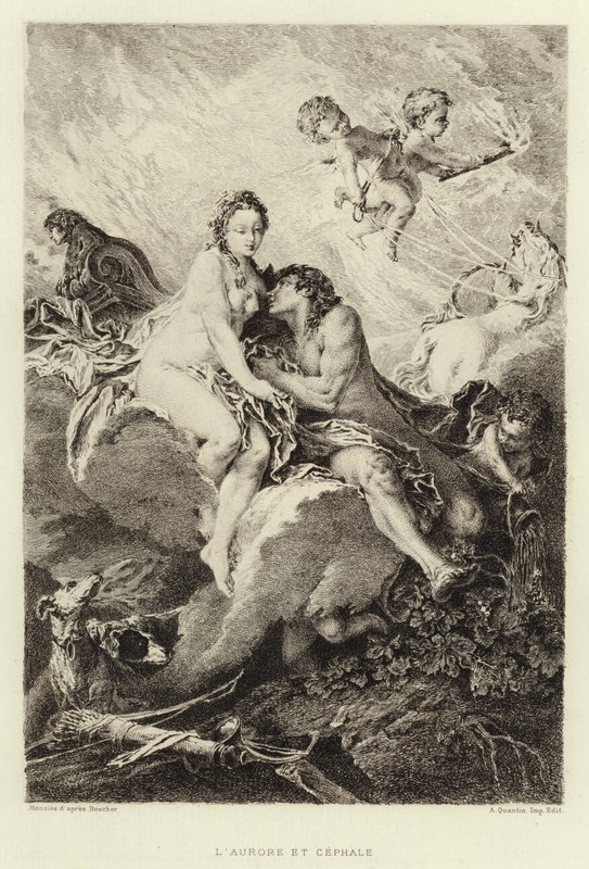Aurora a Cephalus (rytina) od Francois (after) Boucher