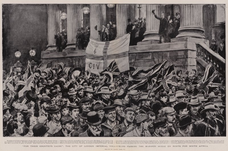 Za věc své země projíždějí imperiální dobrovolníci City of London kolem Mansion House na cestě do Jižní Afriky od Frank Dadd