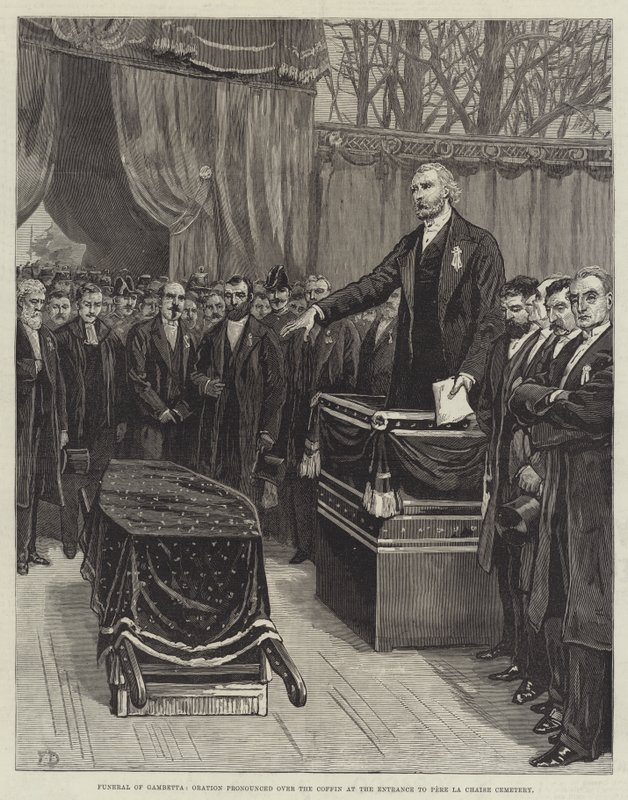 Pohřeb Gambetty, řeč pronesená nad rakví u vchodu na hřbitov Pere La Chaise od Frank Dadd