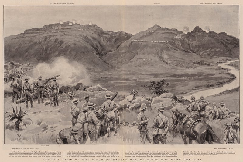 Celkový pohled na bitevní pole před Spion Kop z Gun Hill od Frank Dadd