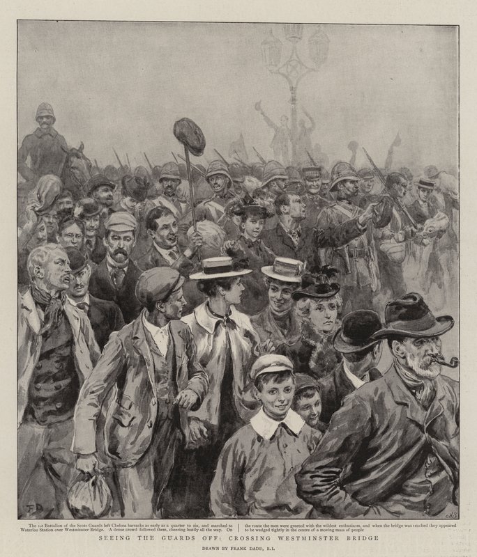 Vyprovázení gardistů při přechodu Westminsterského mostu od Frank Dadd