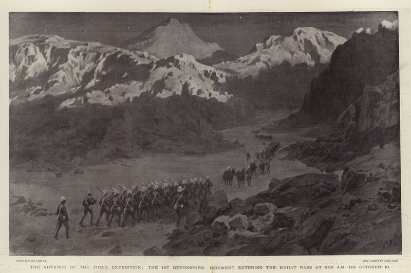 The Advance of the Tirah Expedition, 1. Devonshire Regiment vstupující do průsmyku Kohat ve 3:30 10. října od Frank Dadd