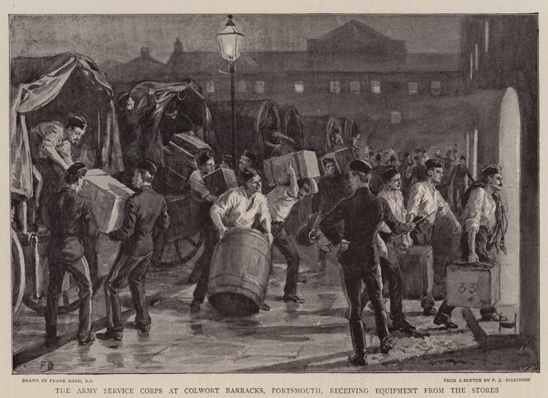 Armádní servisní sbor v Colwort Barracks, Portsmouth, přijímá vybavení z obchodů od Frank Dadd
