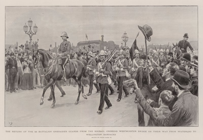 Návrat 1. praporu granátníků ze Soudanu přes Westminsterský most na cestě z Waterloo do Wellingtonových kasáren od Frank Dadd