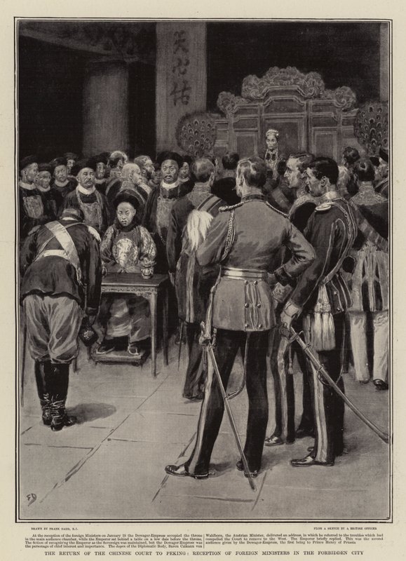 Návrat čínského dvora do Pekingu, přijetí ministrů zahraničí v Zakázaném městě od Frank Dadd