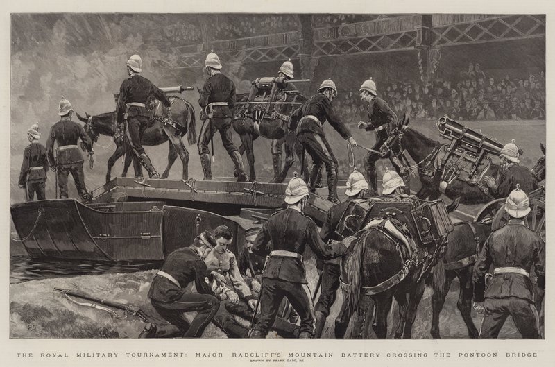 Královský vojenský turnaj, horská baterie majora Radcliffa překračující Pontonový most od Frank Dadd