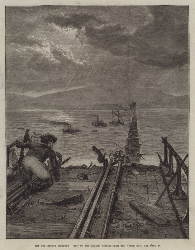 Katastrofa mostu Tay Bridge, pohled na rozbitý most ze severního konce města od Frank Dadd