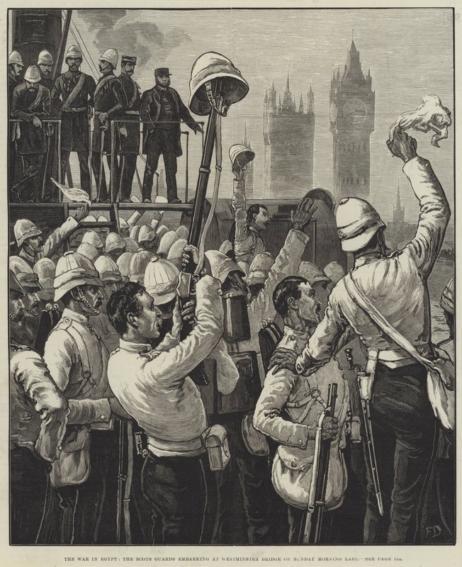 Válka v Egyptě, skotská garda nalodění na Westminster Bridge v neděli ráno od Frank Dadd