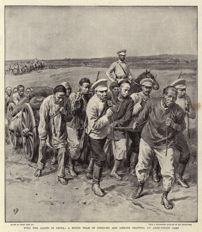Se spojenci v Číně, smíšený tým kozáků a kuliů kreslící vozík s municí od Frank Dadd