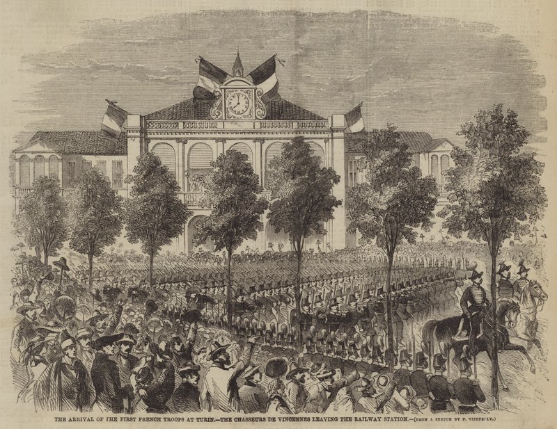 Příjezd prvních francouzských vojsk do Turína, Chasseurs de Vincennes opouštějí nádraží od Frank Vizetelly