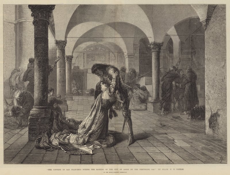 Klášter San Francesco během plenění města Assisi Perugians, 1442 od Frank William Warwick Topham
