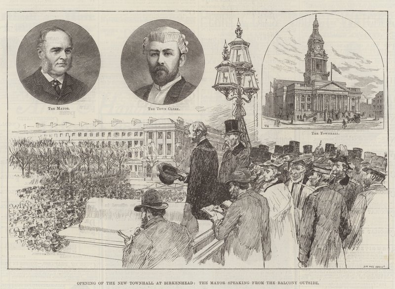 Otevření New Townhall v Birkenhead, starosta mluví z balkonu venku od Frank Watkins