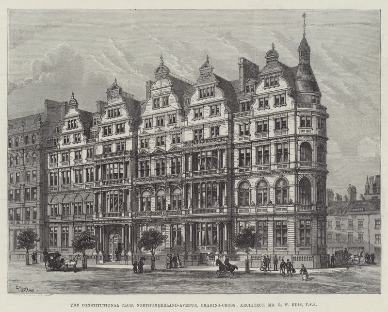 The Constitutional Club, Northumberland-Avenue, Charing-Cross, architekt, pan R W Edis, FSA od Frank Watkins