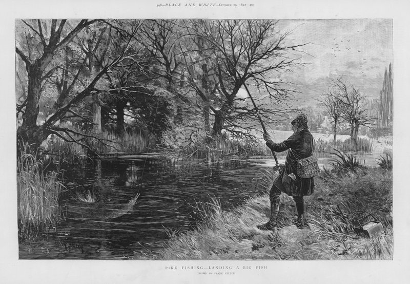 Rybář štiky přistávající velkou rybu (litho) od Frank (after) Feller