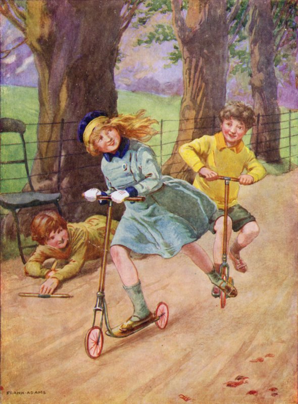 Dívka a chlapec závodící na koloběžkách (barva litho) od Frank Adams
