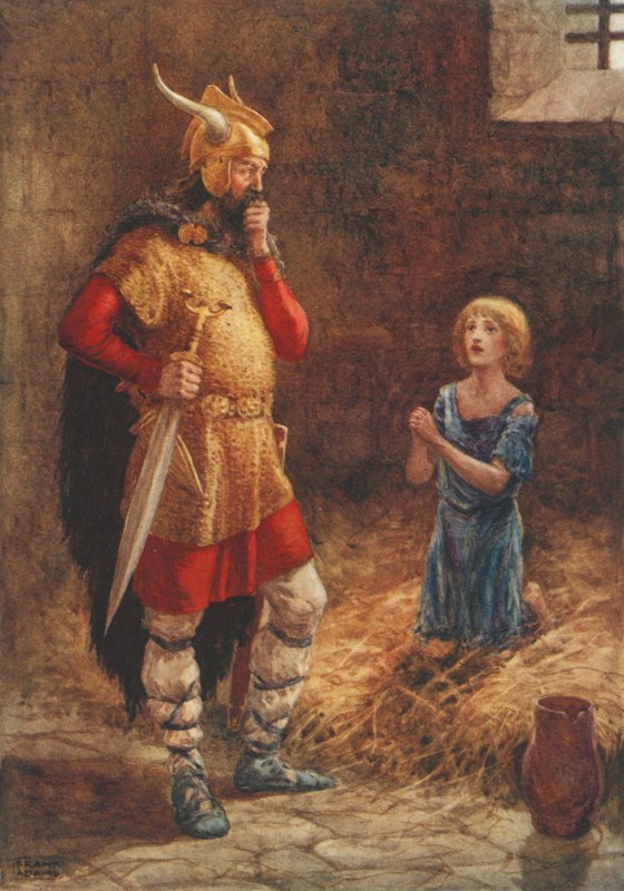 Havelok prosí Godarda o milost, ze staré balady Havelok the Dane (barva litho) od Frank Adams
