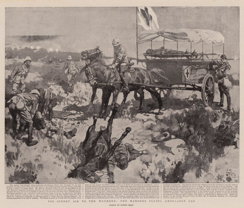 Pro rychlou pomoc zraněným, Manders létající sanitní vůz (litho) od Frank Craig