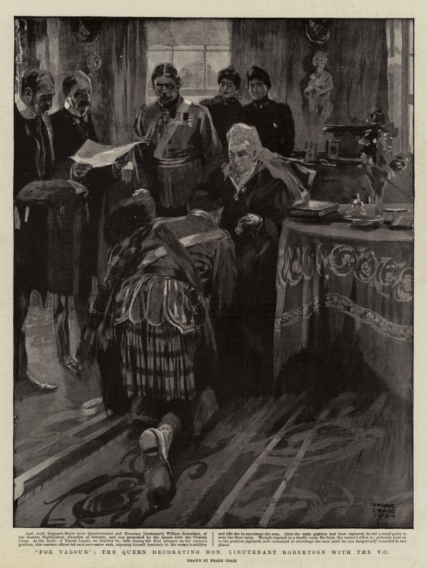 Za statečnost vyznamenala královna čestného poručíka Robertsona řádem V C od Frank Craig