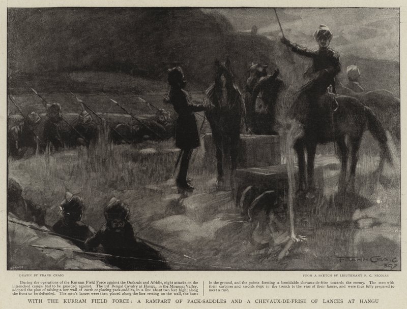 S Kurram Field Force, valem Pack-Seddles a Chevaux-de-Frise of Lances v Hangu od Frank Craig