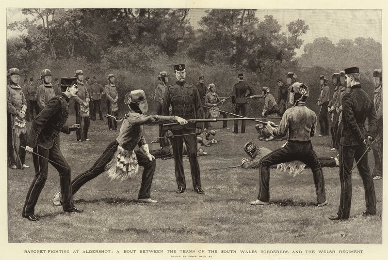 Bajonetový boj u Aldershot, souboj mezi týmy South Wales Borderers a Welsh Regiment od Frank Dadd