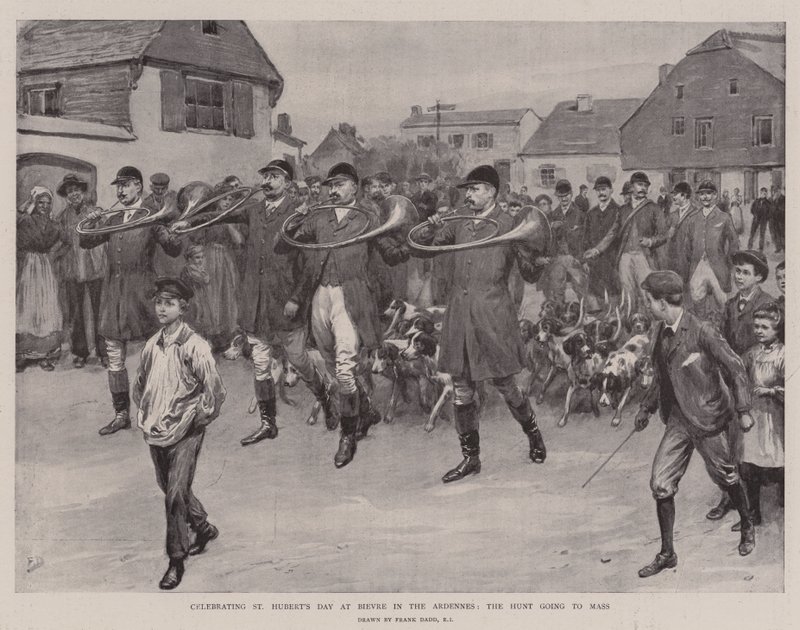 Oslava svátku svatého Huberta v Bievre v Ardenách, lov chodí na mši od Frank Dadd