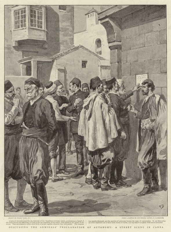 Diskuse o admirálově prohlášení o autonomii, pouliční scéna v Canea od Frank Dadd