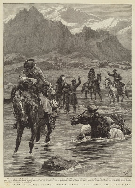 Cesta Dr Lansdella přes čínskou Střední Asii, brodění Muzart-Nin-Su od Frank Dadd