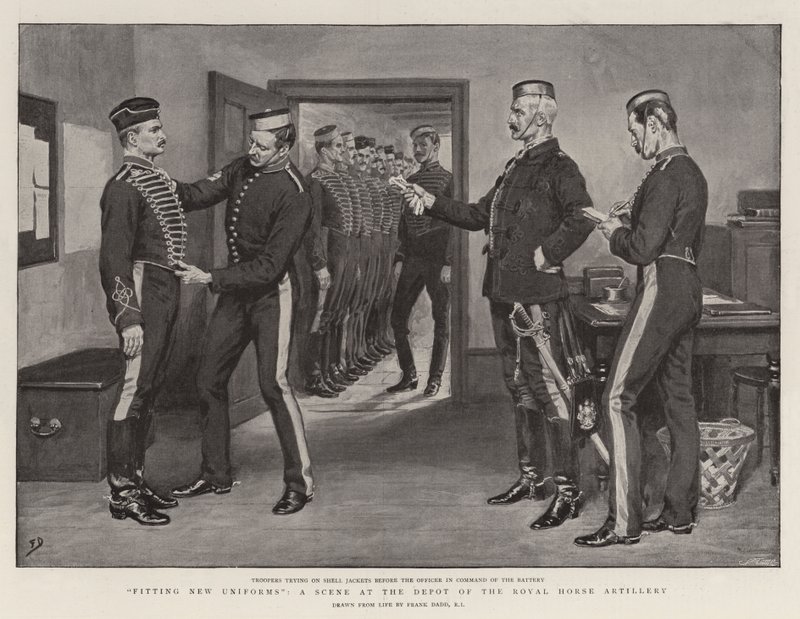 Vybavování nových uniforem, scéna v depu Royal Horse Artillery od Frank Dadd
