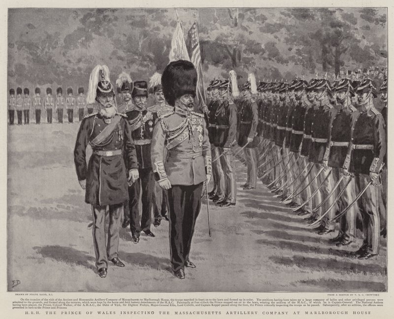 Jeho výsost princ z Walesu při inspekci Massachusettské dělostřelecké roty v Marlborough House od Frank Dadd