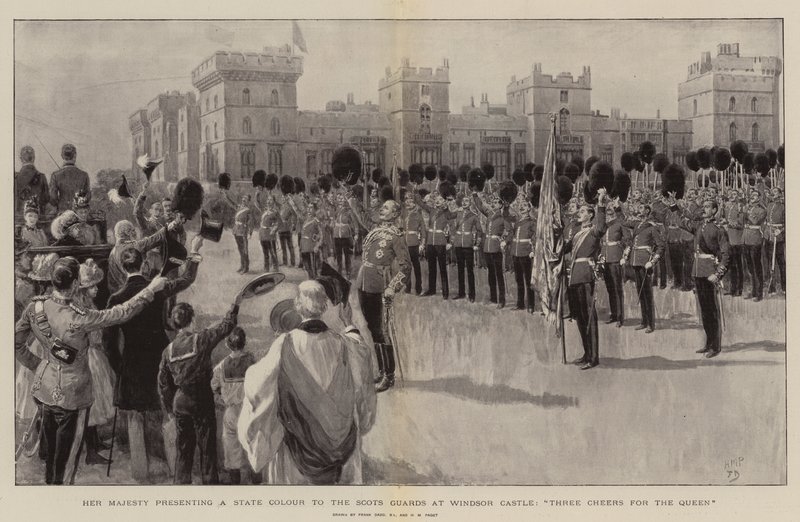 Její Veličenstvo předává státní barvu skotským gardám na hradě Windsor, Třikrát hurá královně od Frank Dadd