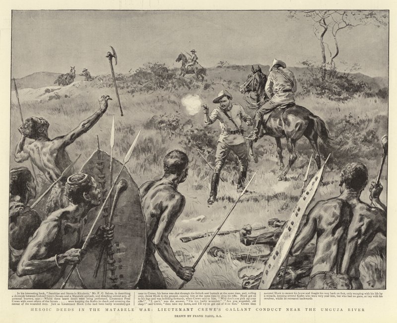 Hrdinské činy ve válce s Matabele, galantní chování poručíka Crewea u řeky Umguza od Frank Dadd
