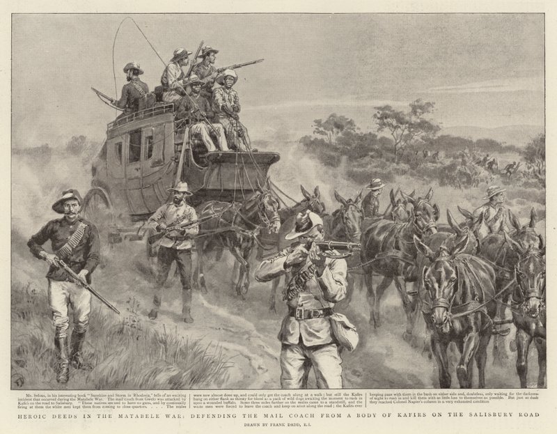 Heroic Deeds in the Matabele War, brání Mail Coach před Body of Kafirs na Salisbury Road od Frank Dadd