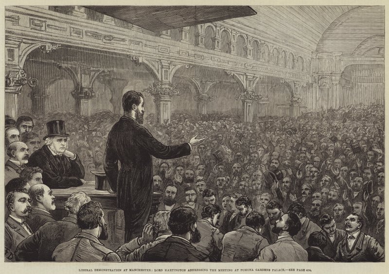 Liberální demonstrace v Manchesteru, lord Hartington promlouvá na shromáždění v paláci Pomona Gardens od Frank Dadd