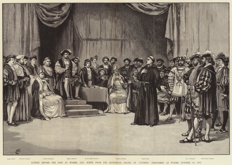 Luther před sněmem ve Wormsu, 1521, scéna z historického dramatu Luthera, provedené ve Wormsu, 30. října 1883 od Frank Dadd