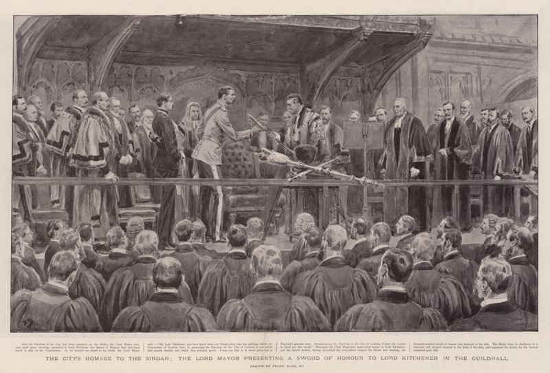Pocta města Sirdar, Lord starosta předává čestný meč lordu Kitchenerovi v Guildhall od Frank Dadd