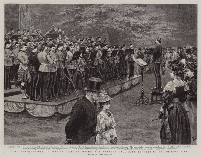 Ústředí britské vojenské hudby, kapela Kneller Hall vystupující ve Whitton Parku od Frank Dadd