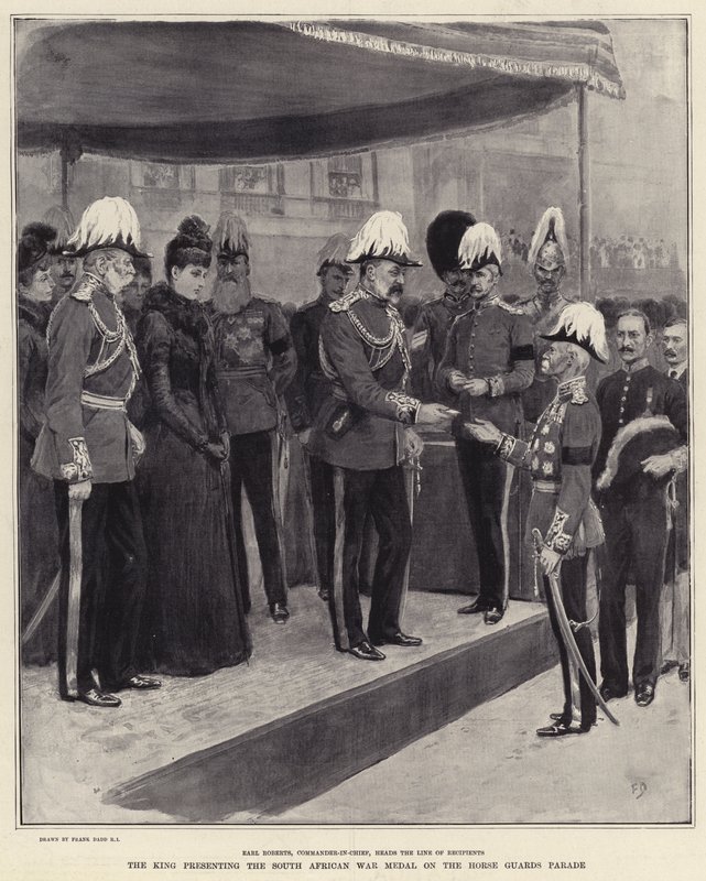 Král předává Jihoafrickou válečnou medaili na přehlídce Horse Guards Parade od Frank Dadd