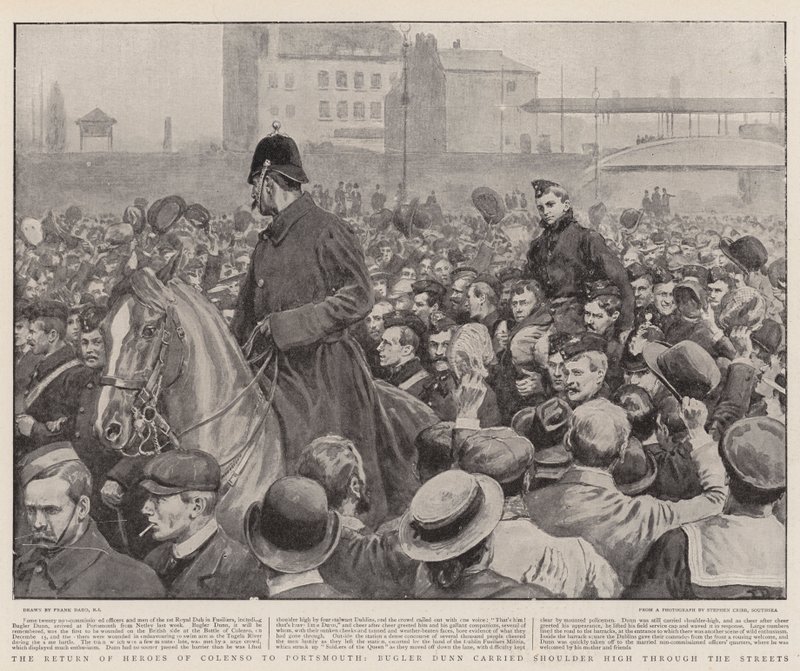 Po návratu hrdinů z Colensa do Portsmouthu nesl Bugler Dunn po ramenou ulicemi od Frank Dadd