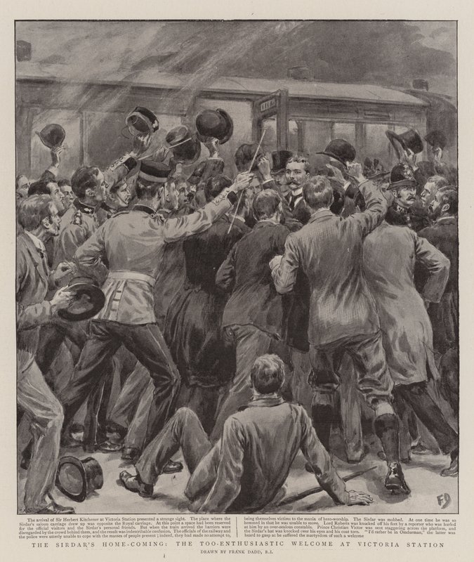 Sirdarův příjezd domů, příliš nadšené přivítání na nádraží Victoria Station od Frank Dadd