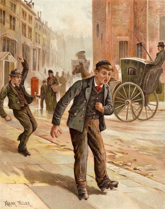 Pochybná odbočka, chlapec na kolečkových bruslích (chromolitho) od Frank Feller
