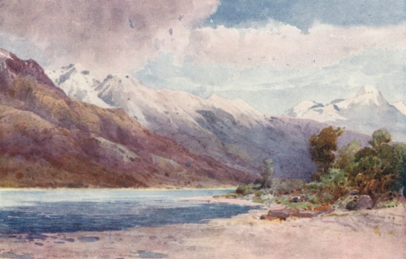 Nový Zéland: Na čele jezera Wakatipu (barevná litografie) od Frank H Wright