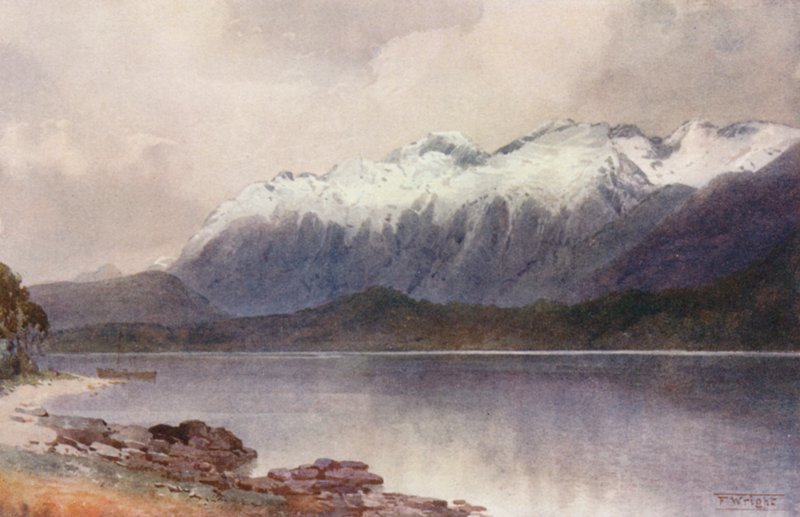 Nový Zéland: Cathedral Peaks (barevná litografie) od Frank H Wright