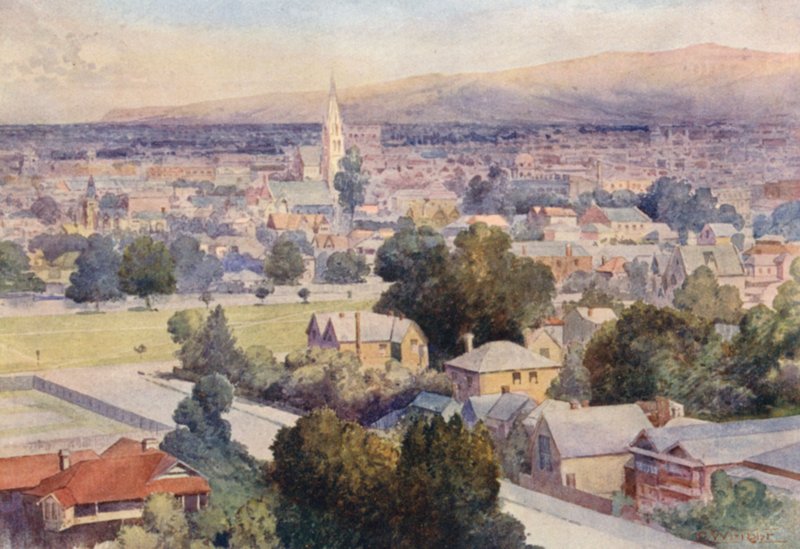 Nový Zéland: Christchurch (barevná litografie) od Frank H Wright